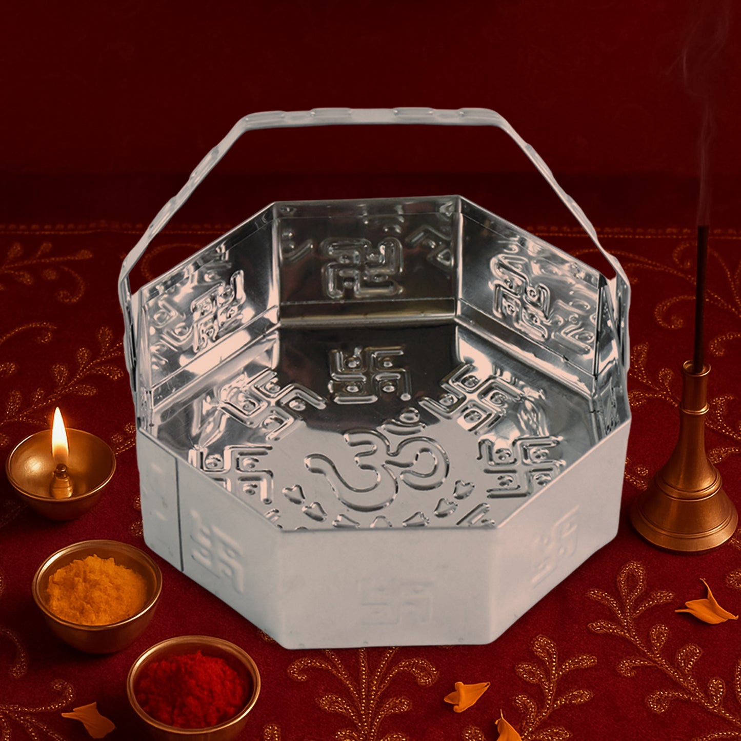 Traditional Stainless Steel Octagon Pooja Basket 1 Pc With Handle